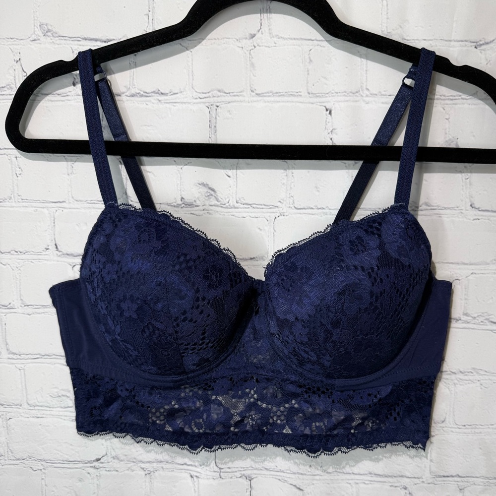 ADORED by ADORE ME size 38C Longline underwire floral lace Demi cup in navy blue